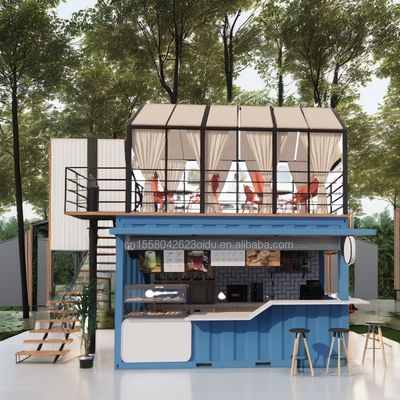 Container de 20 pieds de largeur, de design moderne, en acier, préfabriqué, mobile, maison, café-bar, avec terrasse et application extérieure